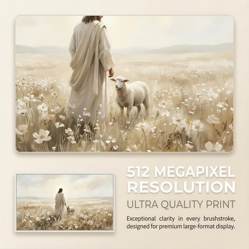 May include: A serene painting depicts a figure in flowing white robes with a lamb in a field of white flowers. The artwork has a soft, muted color palette. The text on the image reads "512 MEGAPIXEL RESOLUTION ULTRA QUALITY PRINT".