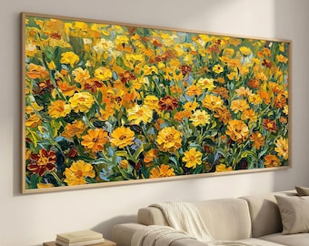 Extra Wide Framed Canvas Wall Art, Yellow Wildflower Meadow Painting, Panoramic Botanical Floral, Modern Minimal Wall Decor