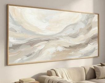Extra Wide Tonal Canvas Art, Neutral Beige Brushstroke Wall Decor, Framed Minimal Abstract for Living Room or Office