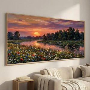 Fireflies Over Quiet River Extra Wide Canvas, Moody Countryside Sunset, Wildflower Meadow Landscape, Long Horizontal 2:1 Wall Art