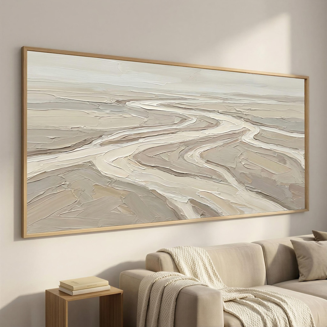 Minimal River Wall Art, Winding Abstract Landscape Canvas, Neutral ...