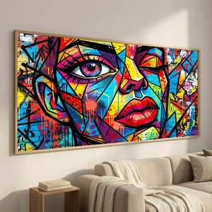 Vivid Face Canvas Wall Art, Colorful Street Art Portrait, Extra Wide Abstract Woman Artwork, Modern Urban Wall Decor
