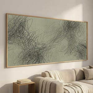 Large Framed Gestural Horizon Wall Art, Olive Neutral Canvas, Wide Abstract Landscape, Scribble Lines for Above Sofa