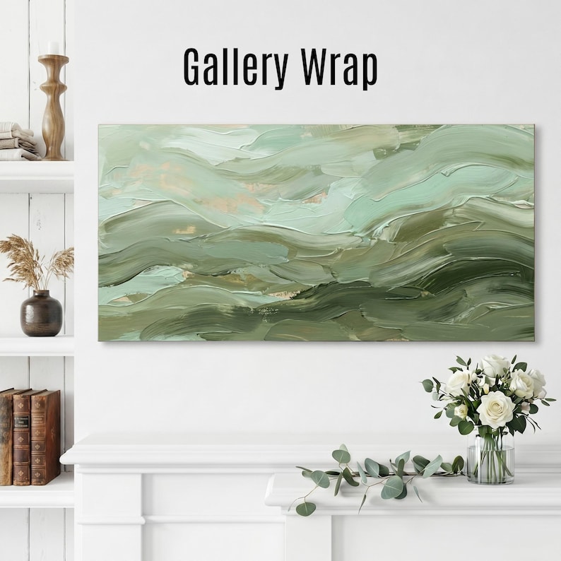 May include: A gallery wrapped canvas art piece with an abstract landscape design. The artwork features shades of green and gold, with visible brushstrokes creating a textured effect. The text "Gallery Wrap" is displayed at the top.