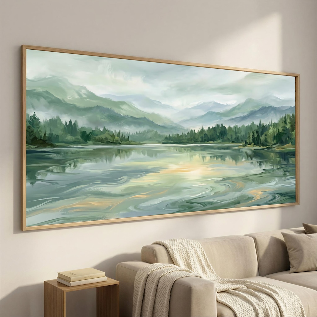 Framed Sage Green Mountain Lake Canvas Wall Art, Watercolor Forest ...