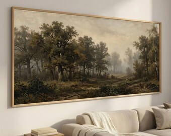 May include: A panoramic landscape painting in a thin wooden frame depicting a dense forest with tall trees, dark green foliage, and a winding dirt path under a muted, overcast sky. The artwork features earthy tones of brown, olive, and grey.