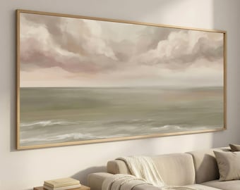 Extra Wide Neutral Horizon Wall Art, Soft Coastal Seascape Framed Canvas, Beige Ocean Decor for Living Room Bedroom
