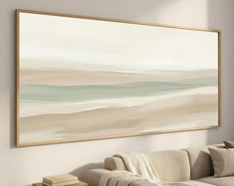 Neutral Horizon Wall Art, Extra Wide Framed Canvas, Minimal Beige Sage Landscape for Living Room, Bedroom or Office