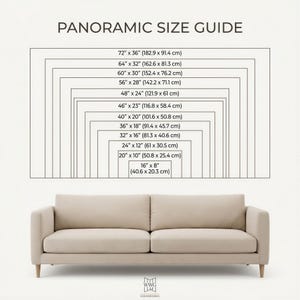 May include: A beige sofa is positioned below a "PANORAMIC SIZE GUIDE" graphic. The guide displays rectangular outlines with dimensions in inches and centimeters, including sizes like 72" x 36" (182.9 x 91.4 cm) and 16" x 8" (40.6 x 20.3 cm).