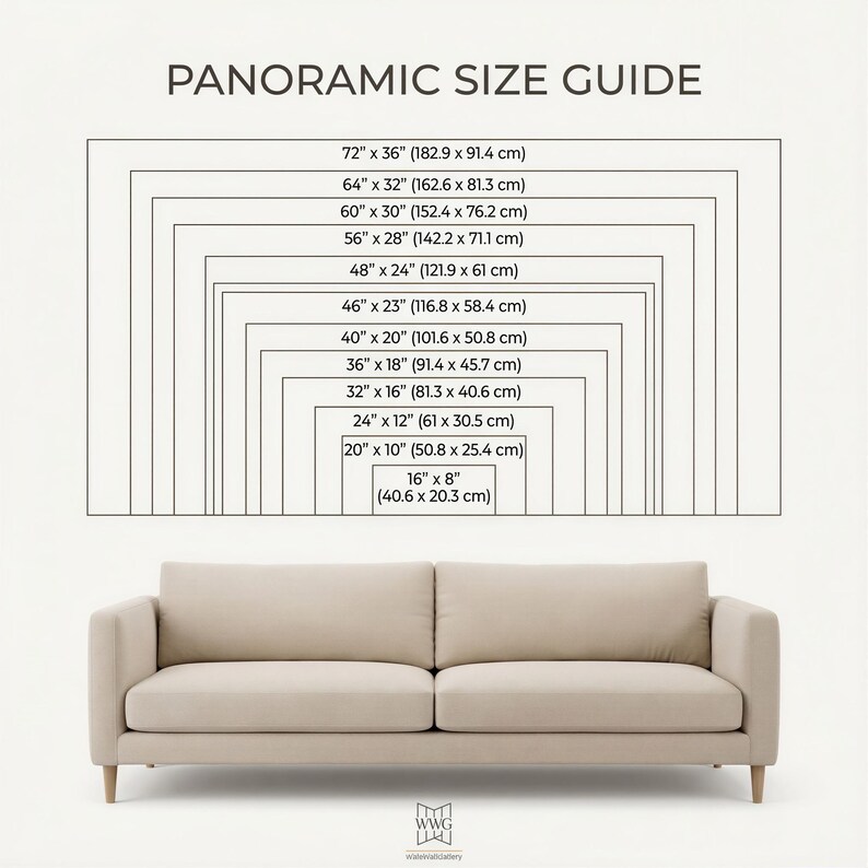 May include: A beige sofa is positioned below a "PANORAMIC SIZE GUIDE" graphic. The guide displays rectangular outlines with dimensions in inches and centimeters, including sizes like 72" x 36" (182.9 x 91.4 cm) and 16" x 8" (40.6 x 20.3 cm).