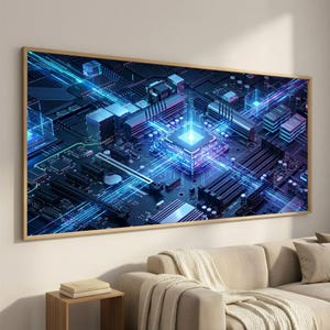 Wide Chip Wall Art, Panoramic Tech Art, Neon Circuit Art – Futuristic Computer Chip Giclee Canvas Print