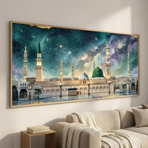 Medina Mosque Canvas Wall Art, Masjid Wall Decor, Islamic Starry Night Giclee Canvas Print, Extra Wide Sacred Architecture