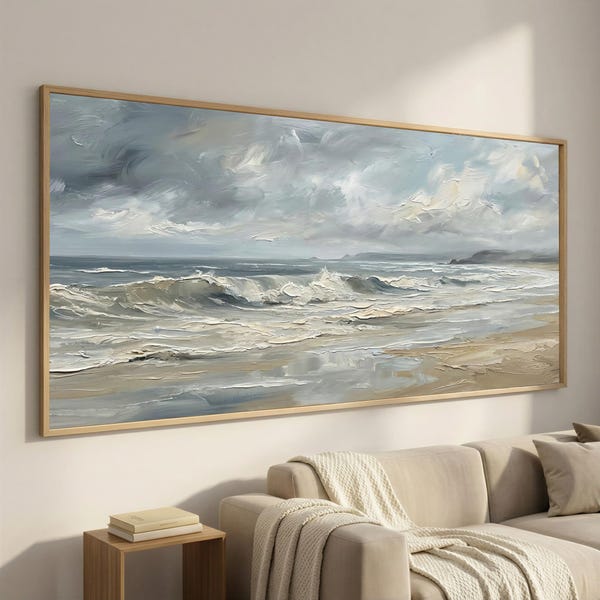 Seafoam Wall Art, Soft Wave Canvas, Neutral Seascape, Extra Wide Coastal Horizon, Minimal Beach Art for Bedroom Decor