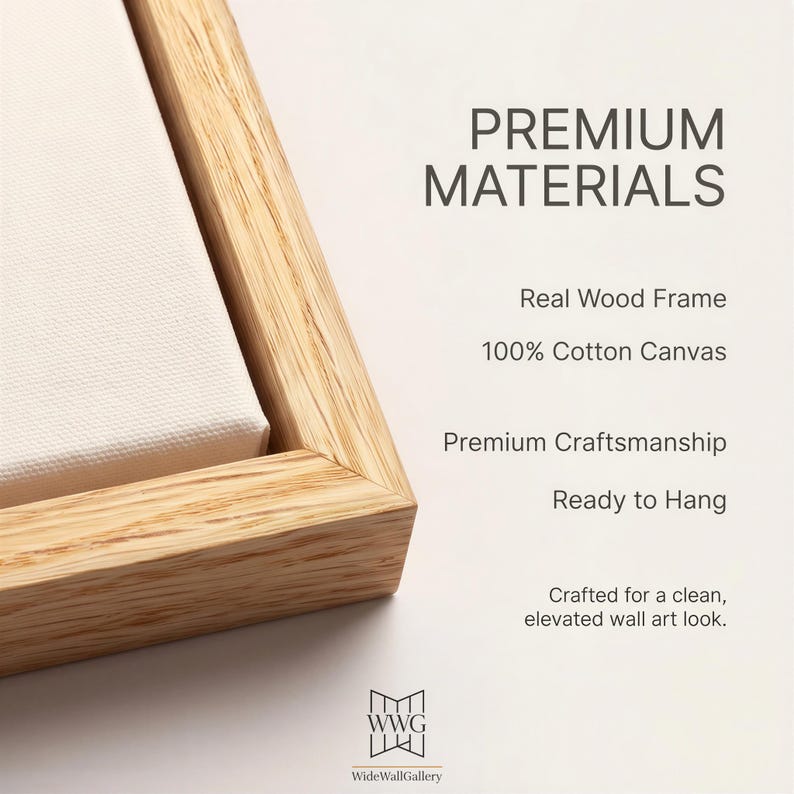May include: Close-up of a canvas print with a light wood frame. The text "PREMIUM MATERIALS" is visible, along with details about the real wood frame and 100% cotton canvas. The print is ready to hang.
