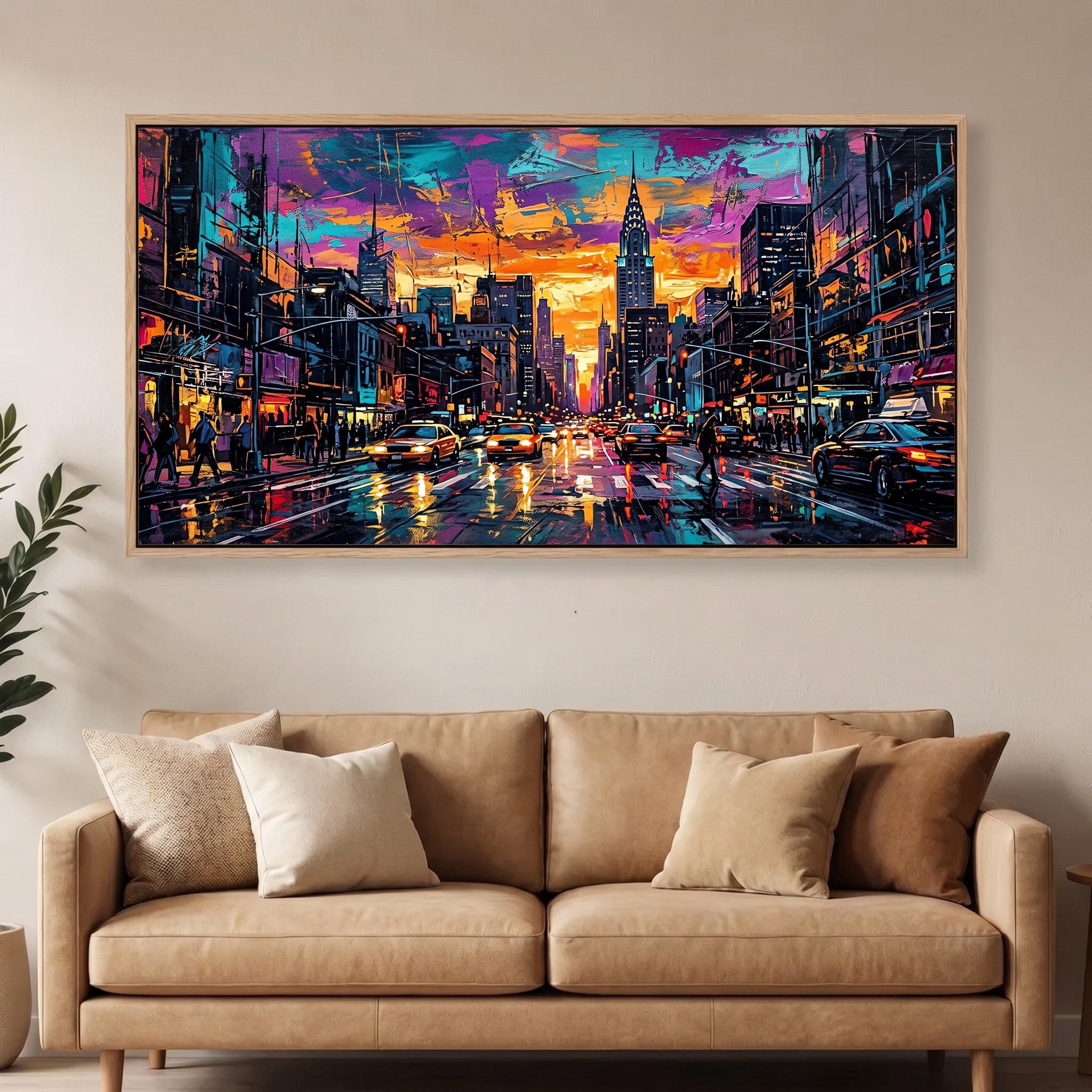 Vibrant NYC Sunset Canvas, Wide Cityscape Wall Art, Modern