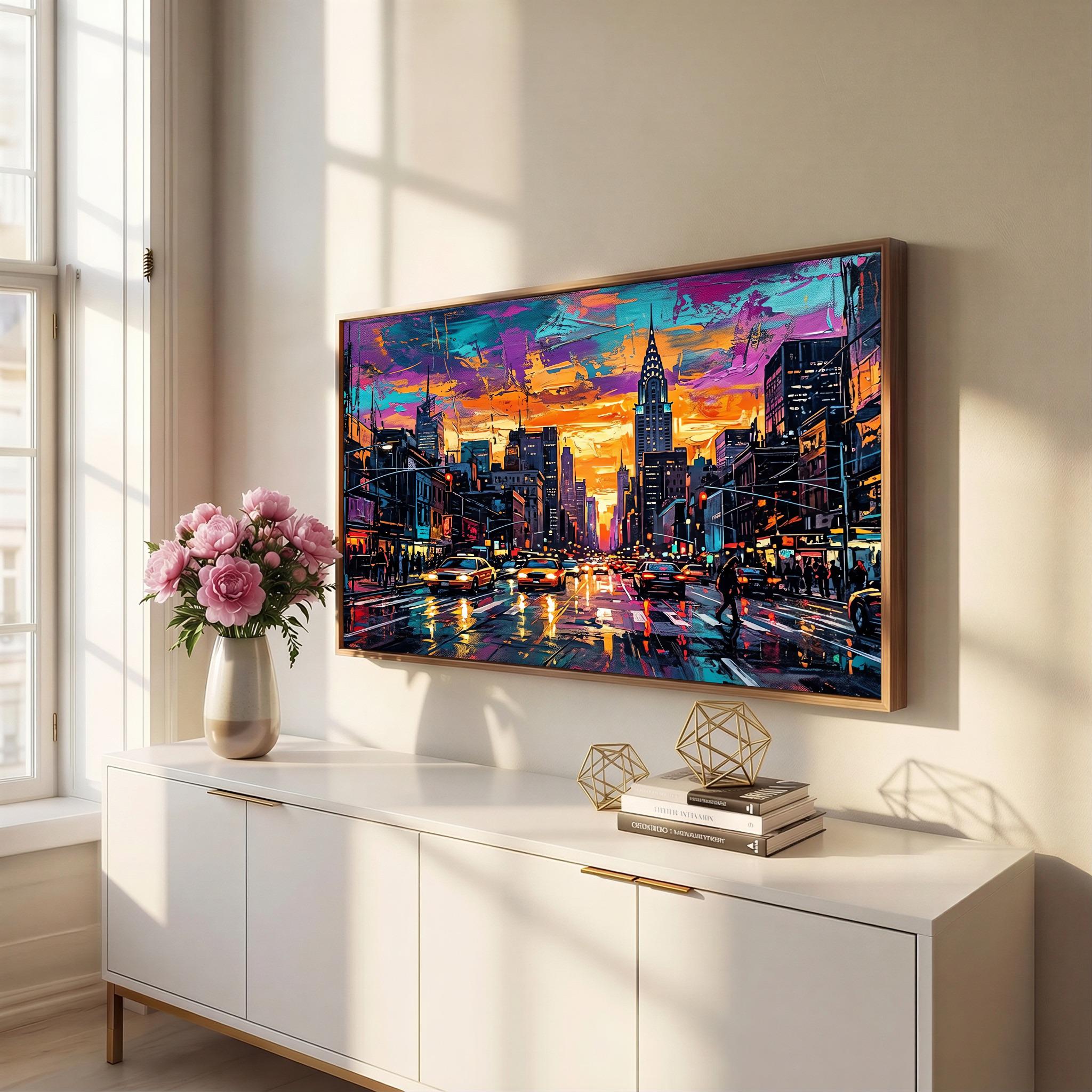 Vibrant NYC Sunset Canvas, Wide Cityscape Wall Art, Modern