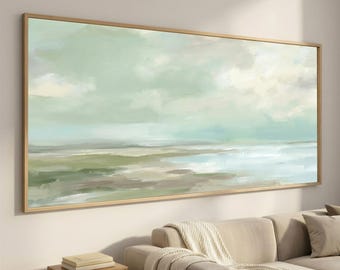 Seafoam Abstract Coastal Wall Art, Extra Wide Minimal Horizon Canvas, Calm Seascape for Modern Coastal Decor