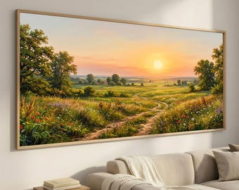 Extra Wide Golden Sun Meadow Canvas Wall Art, Rustic Countryside Landscape, Long Horizontal 2:1 Nature Decor for Living Room