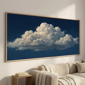 Vintage Cloud Canvas Wall Art, Navy Sky Panorama, Stormy Blue Framed Canvas, Extra Wide Horizontal Art for Bedroom Above Sofa
