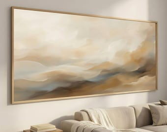 Extra Large Taupe Canvas Art, Neutral Mist Wall Art, Soft Beige Abstract Landscape, Minimalist Framed Wall Decor