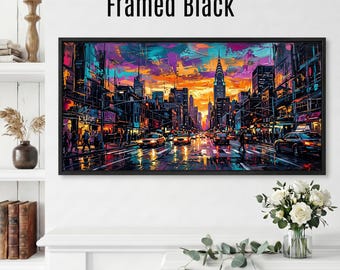 Vibrant NYC Sunset Canvas, Wide Cityscape Wall Art, Modern