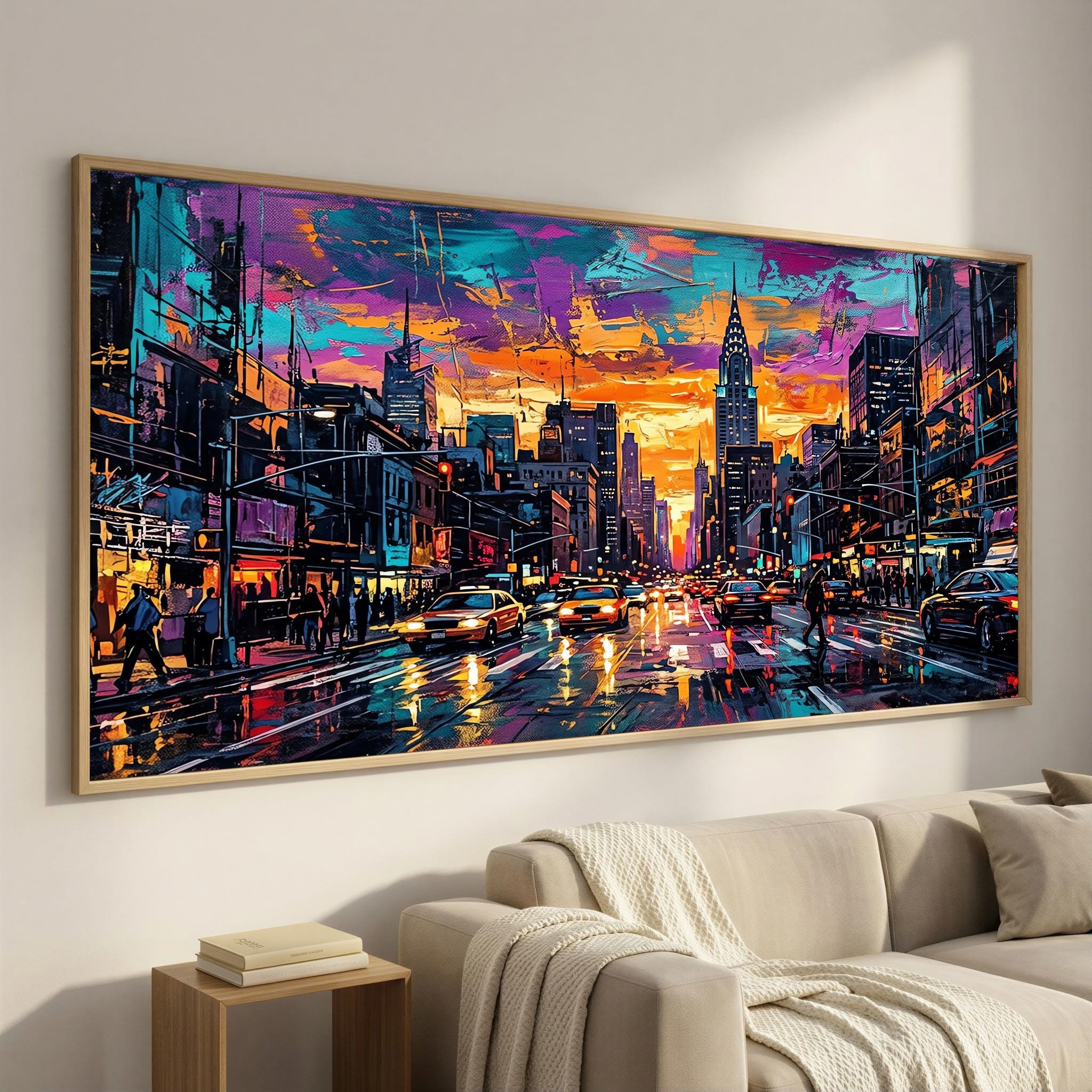 Vibrant NYC Sunset Canvas, Wide Cityscape Wall Art, Modern