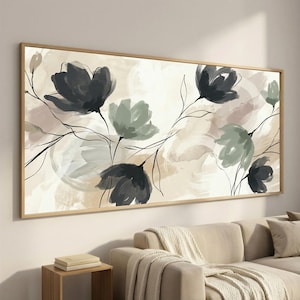 Extra Wide Neutral Floral Canvas Wall Art, Tonal Beige Sage Botanical Painting, Minimalist Framed Artwork for Above Sofa