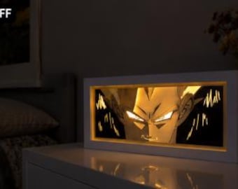 Könnte beinhalten: Ein rechteckiger, weiß gerahmter Leuchtkasten mit dem Gesicht eines Anime-Charakters. Das Gesicht des Charakters wird von einem warmen, gelben Schein vor einem dunklen Hintergrund beleuchtet. Der Text "ROOM OFF" ist oben links zu sehen.