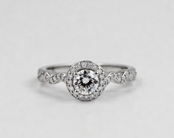 Sterling Silver Halo Engagement Ring Lab Diamond Twisted Pave Band 925 Silver Bridal Jewelry