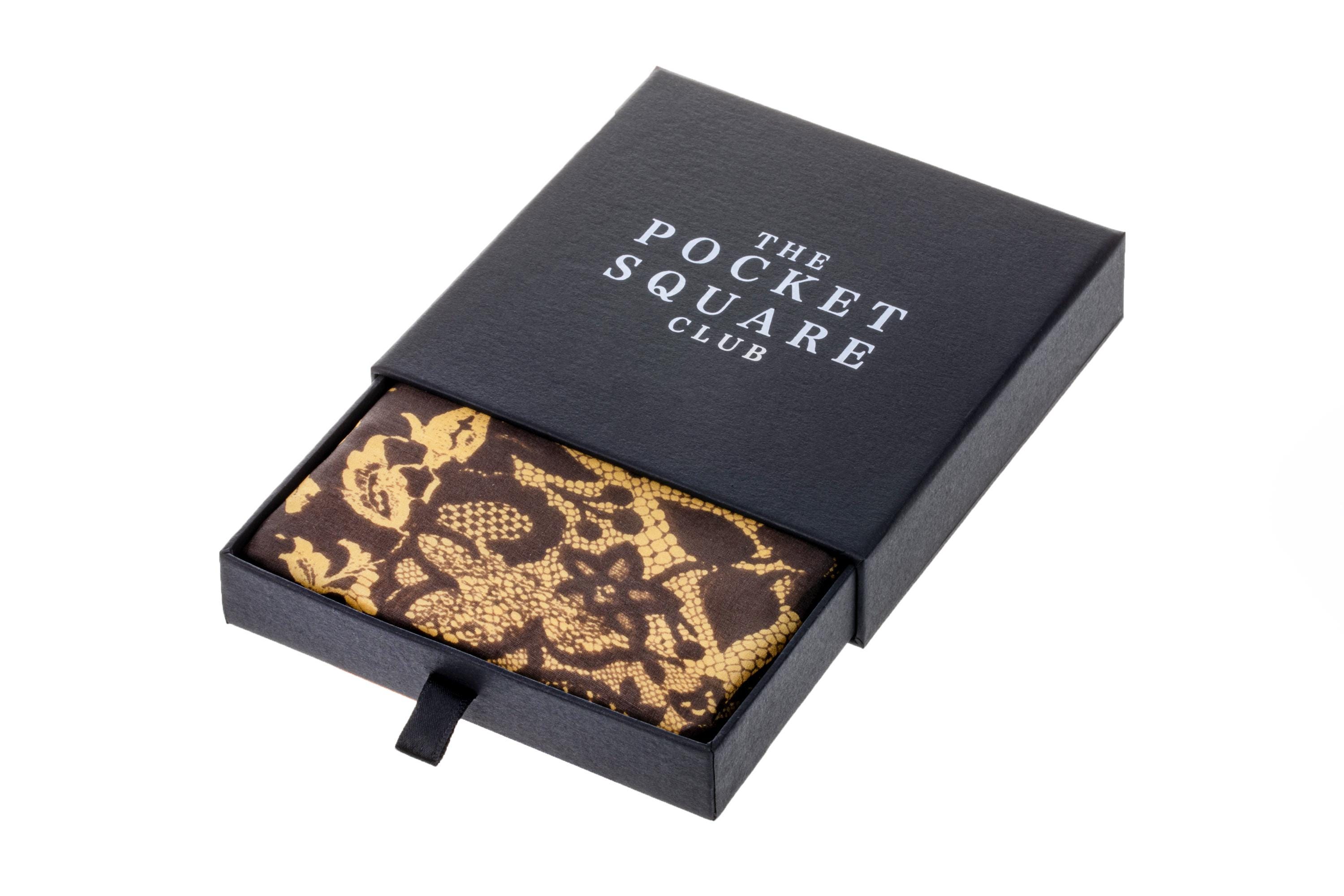 Men's Silk Pocket Square Gold Brown Floral - Made in England - Handcrafted - Gift Box