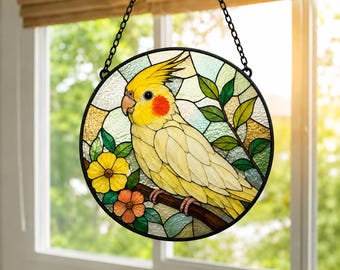 Acchiappasole personalizzato con calopsitta, decorazione commemorativa in vetro colorato da appendere alla finestra, regalo per amanti degli uccelli.