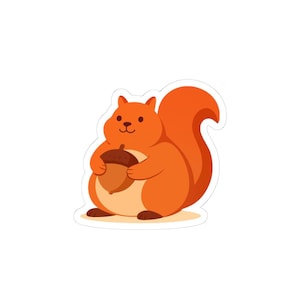 May include: A sticker featuring a cartoon squirrel in shades of orange and tan. The squirrel is holding a brown acorn. The sticker has a white border and is set against a white background.