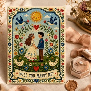 May include: A rectangular card featuring a colourful illustration of two people holding hands in a garden, surrounded by flowers, birds, and a sun. The text "WILL YOU MARRY ME?" is printed on a banner at the bottom of the card design.