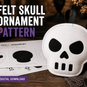 Patron de couture ornement tête de mort en feutre PDF | Décoration d'Halloween DIY | Patron de couture pour débutants | Jouet en feutre coupé et cousu