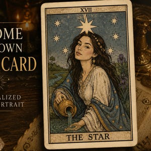 May include: A rectangular tarot card titled THE STAR featuring an illustration of a person with long dark hair pouring water from a jug into a pool under a large star and seven smaller stars. The text reads BECOME YOUR OWN TAROT CARD.