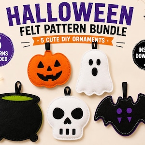 Patron de couture PDF pour une décoration en feutrine 5 en 1 | Décoration d'Halloween à faire soi-même | Patron de couture pour débutants | Jouet en feutrine à découper et coudre