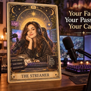 May include: A rectangular tarot card print titled THE STREAMER featuring an illustration of a person with headphones, a microphone, and a cat at a computer desk. The card includes text reading LIVE, GOOD STREAMS, KIND PEOPLE, BRIGHTER DAYS, and LIVE CREATE CONNECT BELONG.