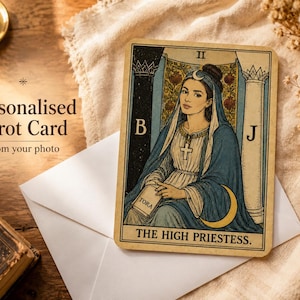 May include: A rectangular tarot card featuring The High Priestess illustration with a blue robe, a crescent moon, and a scroll labeled TORA. The card displays the Roman numeral II, the letters B and J on pillars, and the text THE HIGH PRIESTESS.