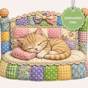 May include: A sleeping orange tabby kitten rests on a patchwork bed with a pink pillow. The bed frame is adorned with a bow and decorative trim. The bed is made of colorful fabric squares in various patterns.