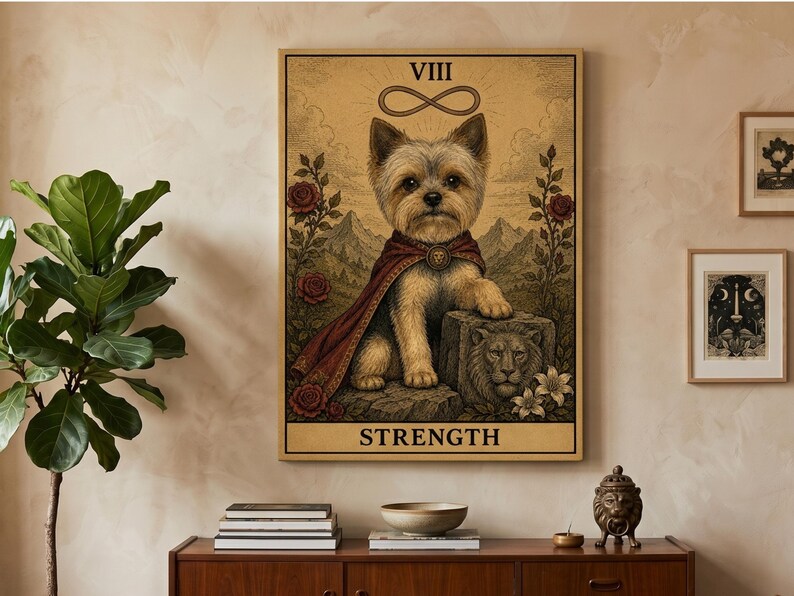 May include: A rectangular wall art print featuring a tarot card design titled STRENGTH with the Roman numeral VIII. The illustration depicts a small tan dog wearing a red cape, sitting beside a stone lion carving, with roses and an infinity symbol.
