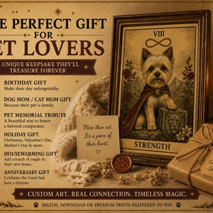May include: A framed print featuring a dog in a tarot card style labelled Strength with an infinity symbol. The text reads The Perfect Gift For Pet Lovers, More than art, It's a piece of their heart, and Custom Art. Real Connection. Timeless Magic.