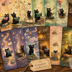 May include: A set of 12 illustrated bookmarks, each depicting a black cat in a unique scene. The designs include cats reading books, exploring space, and enjoying tea. The bookmarks are labelled "The Complete Collection".