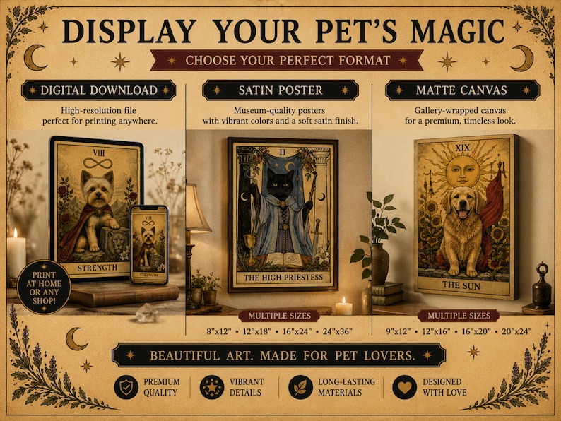 May include: A promotional graphic titled DISPLAY YOUR PET'S MAGIC featuring three product options: a digital download of a Strength tarot card with a dog, a satin poster of a High Priestess cat, and a matte canvas of a Sun tarot card with a dog.