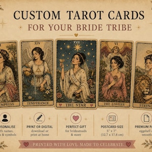 May include: A set of five custom tarot cards featuring illustrations of The Empress, Temperance, The Star, The Lovers, and Strength. The cards measure 12.7 cm by 17.8 cm. Text includes CUSTOM TAROT CARDS FOR YOUR BRIDE TRIBE and product details.