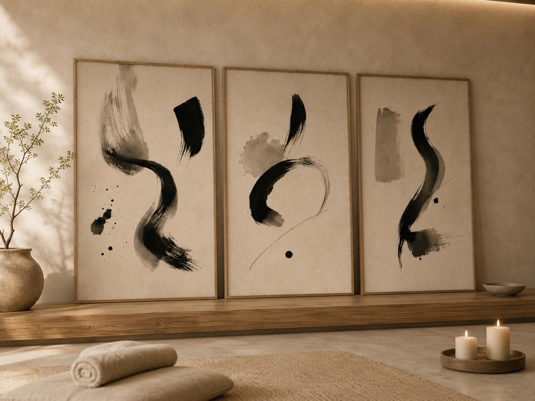Wabi Sabi Japandi Wall Art Set of 3 – Abstract Zen Brush Posters ...