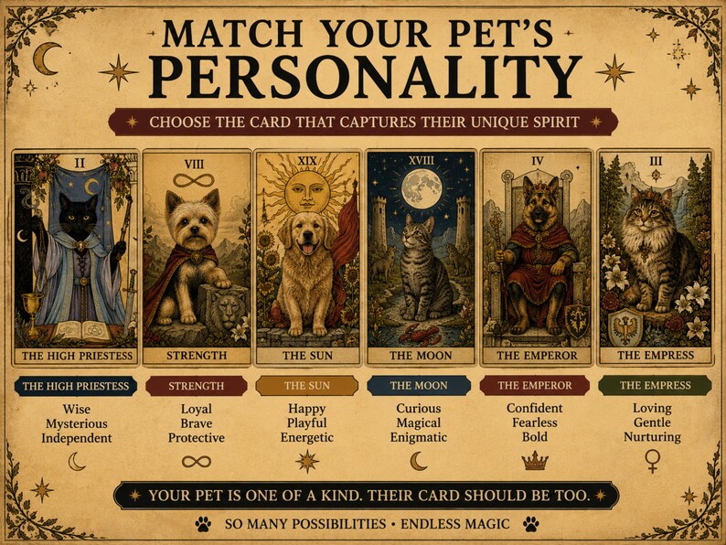 May include: A beige poster titled MATCH YOUR PET'S PERSONALITY featuring six tarot-style cards with illustrations of cats and dogs. Each card depicts an animal with a title like THE HIGH PRIESTESS, STRENGTH, THE SUN, THE MOON, THE EMPEROR, and THE EMPRESS.