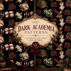 Peut inclure: Un graphique numérique présentant deux motifs sans couture sur fond noir. Les motifs incluent des illustrations de loupes, roses rouges, lys blancs, piles de livres, candélabres et encriers. Le texte indique THE DARK ACADEMIA PATTERNS.