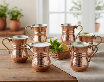 Juego de 6 tazas de cobre para suero de leche grabadas a mano con un toque nostálgico.