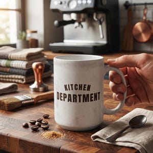以下が含まれることがあります： 表面にKITCHEN DEPARTMENTという濃い茶色のブロック体文字がプリントされた、斑点模様のある背の高いオフホワイトのセラミック製マグカップ。頑丈な持ち手が付いており、コーヒー豆が置かれた木製の表面に配置されています。