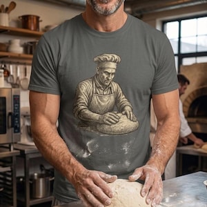Vintage bakker T-shirt, T-shirt met illustratie van broodbakken, cadeau voor bakker, shirt voor ambachtelijke broodbakker, unisex T-shirt met afbeelding van deeg kneden